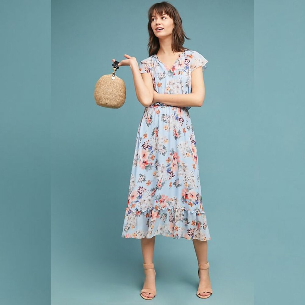 Shoshanna Analise Blue Floral Flutter Sleeve Midi Dress Size 4